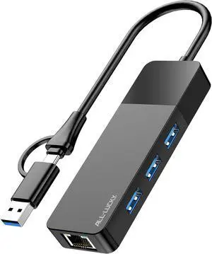 ALL-LUCKY USB to Ethernet Adapter 4 in 1 USB C to Ethernet Adapter Hub with 3 x USB 3.0 Port/Gigabit Internet Port High-Speed Network Hub Compatible for iMac MacBook ProiPad ProXPS