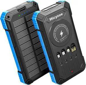 Solar Charger Power Bank 49800mAh Wireless Portable Phone Charger 15W QC3.0 Fast Charging External Battery Pack with 4 Built-in Cables USB-C in/Output with Dual Flashlights for Outdoor (Blue)