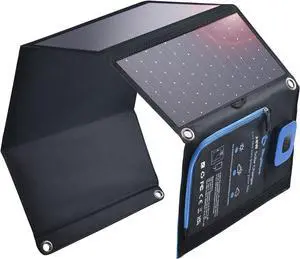BigBlue Portable Solar Charger 28W with Digital Ammeter,25.4% High-Efficiency, USB-A/USB-C Ports, Folding Waterproof Solar Panels with Carabiners for Camping, Backpacking, Phones, Tablets, Power Bank