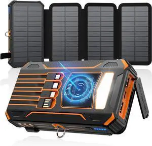 -Solar-Charger-Power-Bank - 48000mAh Wireless Portable Charger Built-in 4 Cables and 4 Solar Panels PD QC 3.0 Fast Charging USB C Battery Pack with Flashlight for Camping Travel