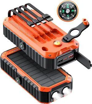 Solar Charger Power Bank 40000mAh Built in 4 Cables and Hand Crank Portable Charger 22.5W Fast Charger 6 Outputs & 4 Inputs External Battery Pack with Bright Flashlight and Compass