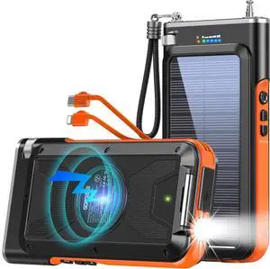 Solar Power Bank 45800mAh Wireless Portable Charger Built-in Cables 15W Fast Charging Solar Charger USB C in&Out and USB A Battery Pack for Outdoor with Emergency Radio Flashlight