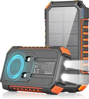 Solar Power Bank 27000mah Wireless Battery Bank 22.5W Fast Charging Portable Charger Built in Cables PD QC External Battery Pack with USB C for Phone Tablet Flashlights Outdoor (Orange)