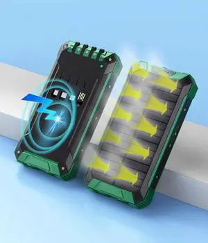 Solar Charger Solar Power Bank Portable External Battery Backup Fast Wireless Real Rated 10000 mAh 4 USB Built-in Cables LED Flashlights and Carabiner for iPhone Android (Black/Green)