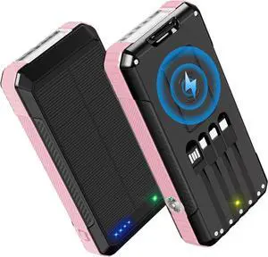 Solar Charger Power Bank 49800mAh Portable Phone Charging Built-in 4 Cables 22.5W Fast Charging for Cell Phones Type-C input/Output Port Solar Panel Charger with Dual Flashlights&Compass for Camping