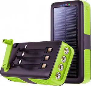 Solar Power Bank Portable Charger 63200mAh Battery Pack Hand Crank Charger Dual Outputs Inputs 4 LED Flashlight Fast Charging with Built in Cables Power for Phone Camping Emergency Travel (Green)