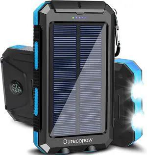 Solar Charger Power Bank 20000mAh Portable Outdoor Waterproof Solar Battery Charger Camping External Backup Battery Pack USB C Ports Input/Output 2 Led Light Flashlight with Compass (Blue)
