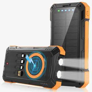 Power Bank Solar Charger 49800mAh Wireless Portable Charger with 4 Built-in Cables 22.5W Fast Charging Battery Pack USB-C in/Output PD+QC3.0 Portable Power Bank for All Cell Phones(Light Orange)