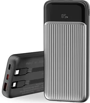 Portable Charger with Built in Cable 10000mAh LED Display with 4 Output high Speed External Battery Pack Travel Phone Charger Compatible for iPhone  iPad Android Black