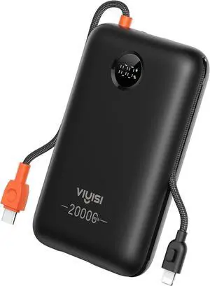 Portable Charger 20000mAh 30W Fast Charging Power Bank with Built-in Cables & LED Display USB C Battery Pack for iPhone 16/15/14/13  iPad and Android Phones Ideal for Travel -Black