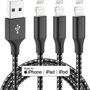 iPhone Charger [ MFi Certified] 3pack 10FT Long Lightning Cable Fast Charging High Speed Data Sync USB Cable Compatible iPhone 13/12/11 Pro Max/XS MAX/XR/XS/X/8/7/Plus/6S (Grey Black)