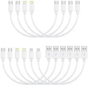 [10in 10-Pack] Multi Short USB/C Cables Fast Charge & Sync to Type-C/Lightning/Micro USB Cords Bulk for Charging Stations Compatible with iPhone16&15 iPhone5-14 iPads iPods Mobiles Tablets White