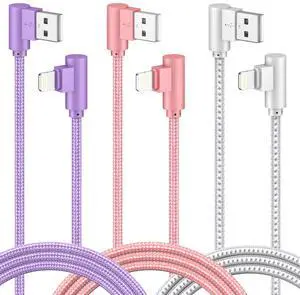 iPhone Charger 3 Pack 10FT USB A to Lightning Cables 90 Degree Charge Cable MFi Certified Nylon Braided Fast Charging Cord for iPhone 14/13/12/11/X/Max/8/7/6/6S/5/5S/SE/Plus/iPad