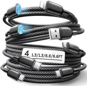USB C Cable to Lighting Fast 4 in 1 Multi Charging Cable [4 Pack] 2*USB C to USB C 6.6FT 1*Lighting Extension Cable+1*C Female to USB A 1.6FT for iPhone 16/15/14 Pro max  S25/24/23