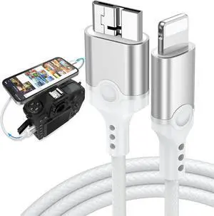 for Lightning to Micro B USB 3.0 Camera Adapter Cable MFi Certified for iPhone 14 13 12 11 XR 7 Plus Import Photos Video Micro B USB 3.0 DSLR Camera OTG Cable for Canon Nikon Nylon Braided Cord 3.3ft