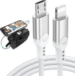 for Lightning to Micro USB Camera Adapter Cable MFi Certified for iPhone 14 13 12 11 XR Import Photo Video Micro USB DSLR Camera OTG Cable for Canon M5 M6  A7 A77 Nikon Nylon Braided Cord 3.3ft