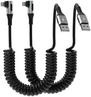 90 Degree Coiled Lightning Cable 2 Pack iPhone Charger Cable for  Carplay [MFi Certified] USB Fast Charging Coiled Lightning Cable Right Angle Compatible with iPhone/iPad/iPod/Car