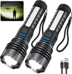 Rechargeable Flashlights High Lumens 7Mode Flashlights Rechargeable Super Bright Flashlight Adjustable Tactical Flash Light High Powered Flash Light LED Flashlight for Emergency Home 2Pack