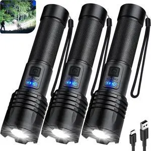 3 Pack Rechargeable Flashlights 9000 High Lumens Super Bright LED Flash Light with 3 Light Modes High Power Flashlight with Charging Cables IPX7 Waterproof for Camping Outdoor Home