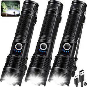 3 Pack Flashlights High Lumens - 90 000 Lumen Super Bright Rechargeable Flashlight with 5 Light Modes High Powered 5000 ?Ah LED Flash Light for Home IPX7 Waterproof for Camping