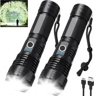 Led Flashlights 90000 Lumen High Lumens Rechargeable 2 Pack Brightest Flash Light with 5 Modes & 18H Runtime IPX7 Waterproof Powerful Handheld Flashlights for Home Camping Hiking