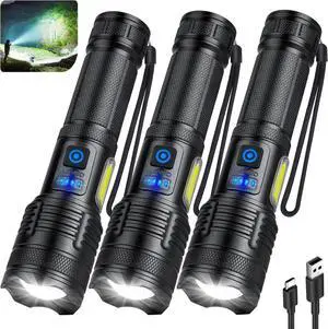 3 Pack Rechargeable Flashlights 9000 High Lumen Ultra Bright LED Flash Light for Home High Powered Flashlights with 7 Light Modes IPX7 Waterproof for Camping