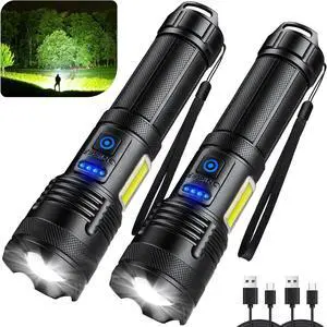 Flashlights 9000 High Lumen - 2 Pack Ultra Bright Rechargeable Flashlight with 7 Light Modes LED Flash Light with High Power ATTERY IPX7 Waterproof for Home Camping