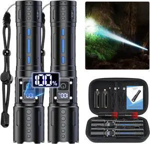 Flashlights High Lumens Rechargeable - Super Bright Tactical LED Flash Light Dimmable&Memory Function Powerful Waterproof Flashlight for Camping 6 Modes Zoomable LCD Display (2 Black)