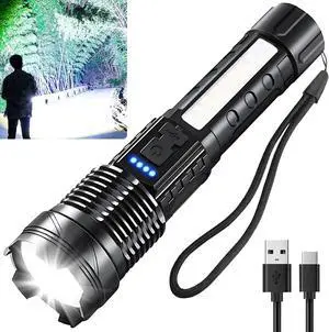 Rechargeable LED Flashlights 90 000 Lumens Super Bright Flash Light 7 Modes with COB Work Light IPX6 Waterproof Adjustable Tactical Powerful Handheld Flash Light for Home Camping and Emergencies