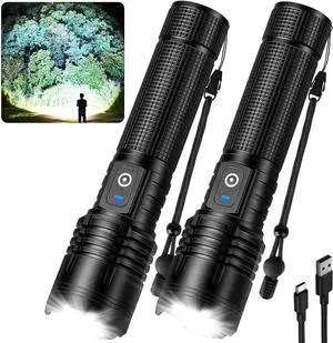 Rechargeable LED Flashlights High Lumens - 90 000 Lumens Super Bright Flashlights with 5 Modes Waterproof Powerful Flash Light for Home(2 Pack)