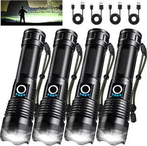 4 Pack Rechargeable LED Flashlights High Lumens 990 000LM Super Bright Flashlight Adjustable Powerful Flash Light with USB Cable & 5 Modes Waterproof Handheld Flashlight for Home Camping