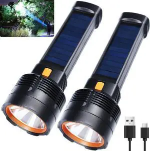 2 Pack LED Rechargeable Flashlight - 100000 Lumens Super Bright Solar Flashlights Compact & Waterproof Flash Light for Home Camping Hiking Emergencies Adventures