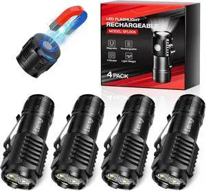 Rechargeable Mini Flashlights with Magnetic Base 4 Pack Bright 3 LED Flash Lights Small EDC Flashlight with Belt Clip 4 Lighting Modes Portable Rechargeable Flashlights for Camping Home