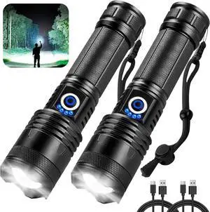 Rechargeable Flashlights 90 000 High Lumens 2 Pack Super Bright LED Flashlight with 5 Modes High Powered Flash Light for Home Camping Outdoor Emergencies Hiking (Black)