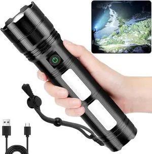 Rechargeable Flashlights 3000 High Lumens Super Bright Flash Light with 2 Cob Light High Powered LED Flashlights with 4 Modes 7200 ?Ah & 24 Hours IPX7 Waterproof for Outdoor Home