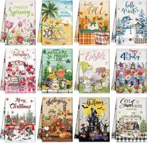 12 Pcs Seasonal Kitchen Towels Set for All Seasons Summer Fall Holiday Hand Dish Drying Tea Towels Cute Dishcloths Decorative Wash Cloths(Fresh Style)