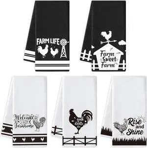 Funny Kitchen Dish Towe - 5Pcs Farm Rooster Themed Kitchen Dishcloth Black White Chickens Absorbent Cleaning Dishcloth Bar Hilarious HandHand Towel Gift for Mom Women Housewarming
