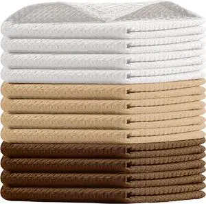 Waffle Dishcloths 12x12 Inch Absorbent Soft Durable 100% Quick Drying Reusable Ideal for Kitchen Cleaning Cotton Hand Towels Set of 12 Brown Beige White