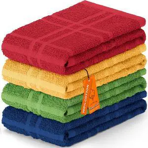 Large Kitchen Towels 15 x 25 Absorbent Dishcloths 100% Cotton Hand Towels Plaid Pattern Cleaning Rags Assorted Set (Pack of 4)