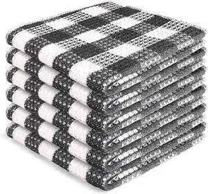 Waffle Weave Check Plaid Dish Cloths 12x12 Inches 100% Cotton Set of 6 Dish Towels for Kitchen Ultra Soft & Absorbent Kitchen Towels for Quick Drying Spring Summer - Black & White