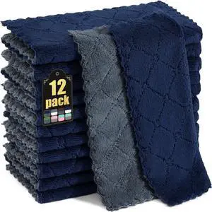 12 Pack Kitchen Cloths Dish Towels (10 x 10 Dark Grey & Navy Blue) Super Soft and Absorbent Dish Cloths Coral Velvet Microfiber Cleaning Cloth Nonstick Oil Fast Dry Dishcloths