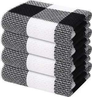 100% Cotton Waffle Weave Kitchen Towels 13 x 28 Inches Super Soft and Absorbent Buffalo Check Dish Towels for Drying Dishes 4-Pack Black & White