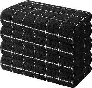100% Cotton Terry Cloth Kitchen Towels Super Soft and Absorbent Dish Towels for Drying Checkered Designed Hand Towels for Kitchen 16 x 26 Inches 4 Pack Black