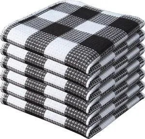 Waffle Weave Plaid Dish Cloths 100% Cotton - 12 x 12 Inches Ultra Soft Absorbent Quick Drying Dish Towels Buffalo Check Dish Rags for Kitchen 6 Pack - Spring Summer- Black and White