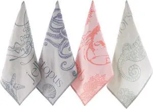 Nautical Kitchen Towels with Ocean-Themed Designs  100% Turkish Cotton Jacquard Tea Towels with Octopus Crab Seahorse & Jellyfish Designs  Soft Absorbent & Decorative Dishcloths (Sea Life)