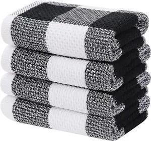 100% Cotton Waffle Weave Check Plaid Kitchen Towels 13 x 28 Inches Super Soft and Absorbent Dish Towels for Drying Dishes 4-Pack White & Black