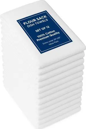 Flour Sack Dish Towels - Kitchen Towel - Super Absorbent Flour Sack -100% Ring Spun Cotton -Tea Towels - for Embroidery Cloth Diapers Cheese Strainers (White - 28 X 28 Pack of 12)