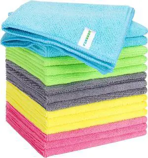 Microfiber Cleaning Cloth Pack of 15 Lint Free Absorbent Streak Free Non-Abrasive Reusable and WashableCleaning Towels with 5 Color Assorted 11.8X11.8(Green/Blue/Yellow/Pink/Grey)