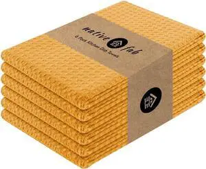 Cotton Kitchen Towel with Hanging Loop 16x26 inches 6-Pack Waffle Weave Kitchen Towels for Cleaning Drying Washcloths Soft & Absorbent Cloth Rags Bar Towel Dish Cloth Mustard Yellow