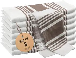 Cotton Dish Cloth Set of 8 Highly Absorbent Super Soft Quick Drying 12x12 Inch Dish Cloths for Kitchen Cleaning & Drying Dishes Mitered Corner Trendy Stripes Kitchen Towels - Grey/White